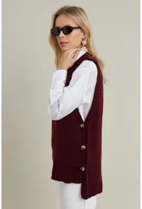 Kadın Mürdüm Yanları Düğmeli Kolsuz Triko Tunik YV75