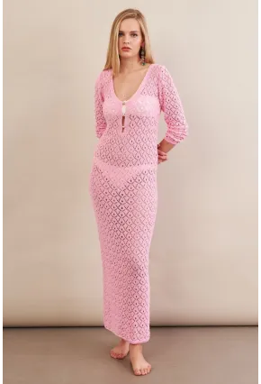 Kadın Pembe Aksesuarlı Triko Plaj Elbisesi KZ3237-90