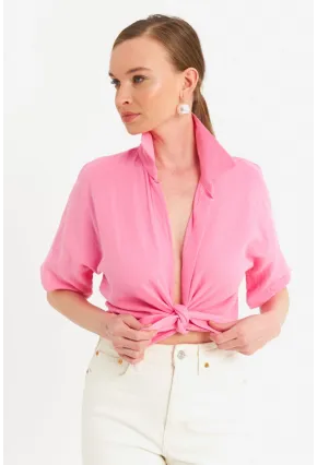 Kadın Pembe Bağlamalı Keten Bluz BTH16
