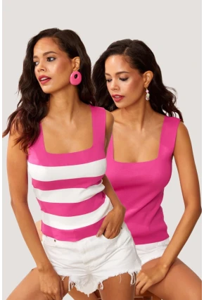 Kadın Pembe-Beyaz İkili Kare Yaka Triko Bluz YV126