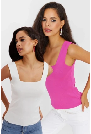 Kadın Pembe-Beyaz Kare Yaka İkili Triko Bluz YV130