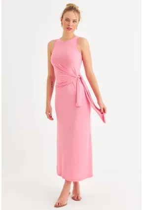 Kadın Pembe Büzgülü Kolsuz Midi Elbise TF75