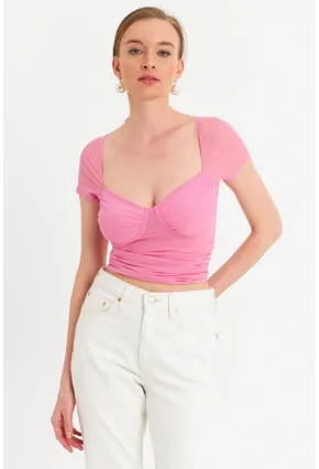 Kadın Pembe Büzgülü Tül Crop Bluz TPG04