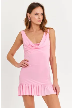 Kadın Pembe Degaje Yaka Mini Elbise HOR0078