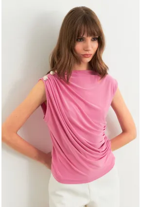Kadın Pembe Düğme Detaylı Büzgülü Bluz LPP1205-1