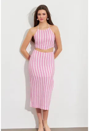 Kadın Pembe Etekli Triko Takım ROP108