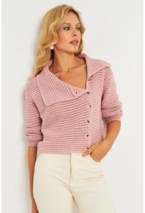 Kadın Pembe Geniş Yakalı Triko Hırka MİW4571