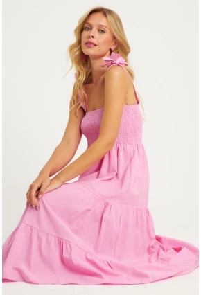 Kadın Pembe Gipeli Volanlı Midi Elbise SGT407