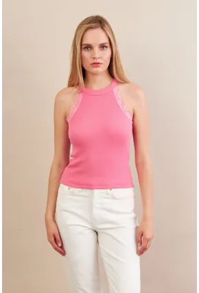 Kadın Pembe Halter Yaka Dantelli Bluz MK04
