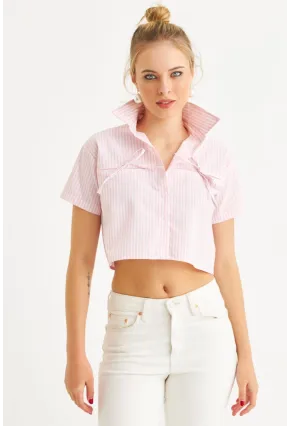 Kadın Pembe Kurdele Detaylı Crop Gömlek MPC302