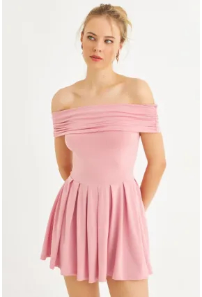 Kadın Pembe Madonna Yaka Midi Elbise MON1262-1