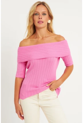 Kadın Pembe Madonna Yaka Triko Bluz KZ538
