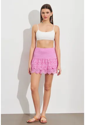 Kadın Pembe Nakışlı Mini Etek ZH111