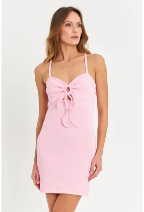 Kadın Pembe Önü Büzgülü Pencereli Mini Elbise EY3047