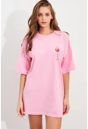 Kadın Pembe Oversize Pijama T-Shirt TPG14