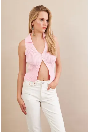 Kadın Pembe Polo Yaka Yumoş Yelek ZH050