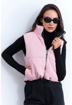 Kadın Pembe-Siyah Çift Taraflı Şişme Kısa Yelek MX12