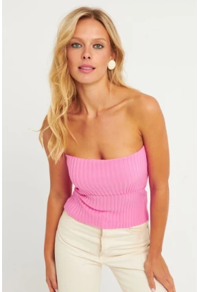Kadın Pembe Straplez Triko Bluz YV240