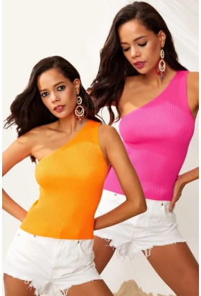 Kadın Pembe-Turuncu Asimetrik Yaka İkili Triko Bluz YV131