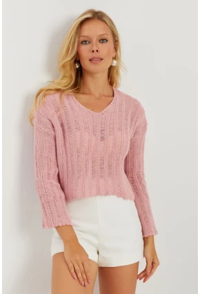 Kadın Pembe V Yaka Ajurlu Triko Bluz YV233