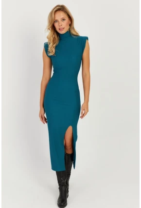 Kadın Petrol Vatkalı Yırtmaçlı Midi Elbise MON120