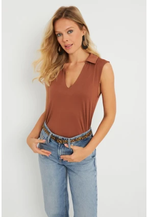 Kadın Polo Yaka Bluz Badem AYD276