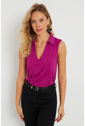 Kadın Polo Yaka Bluz Fuşya AYD276
