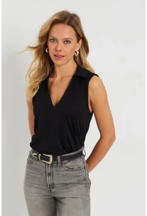 Kadın Polo Yaka Bluz Siyah AYD276