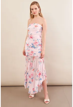 Kadın Pudra Drapeli Straplez Midi Tül Elbise ERL101