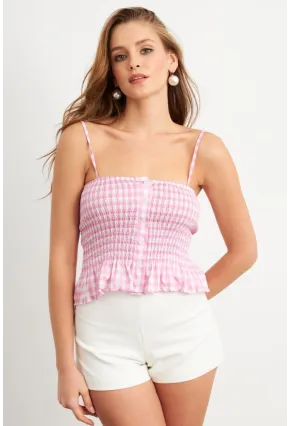 Kadın Pudra Ekose Lastikli Crop Bluz MTK13397