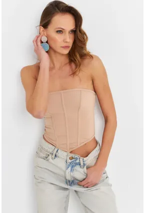 Kadın Pudra Straplez Crop Bluz B6081