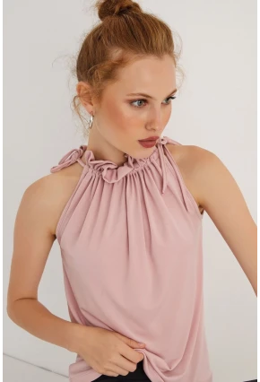 Kadın Pudra Yakası Fırfırlı Kolsuz Bluz BTH01