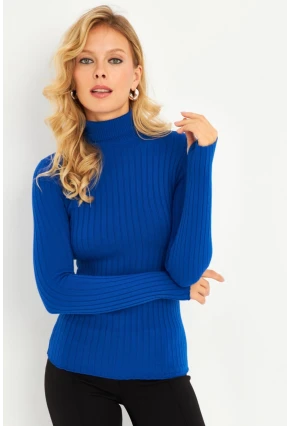 Kadın Saks Balıkçı Yaka Eldivenli Triko Bluz HNT03