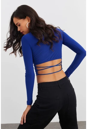 Kadın Saks Beli Açık Crop Bluz GÇ115