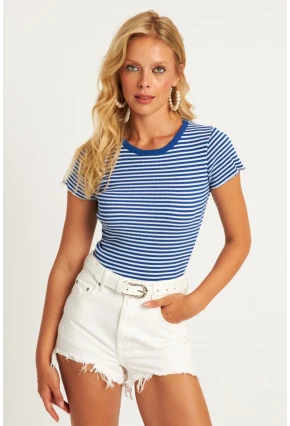 Kadın Saks-Beyaz Çizgili Bluz XL2005