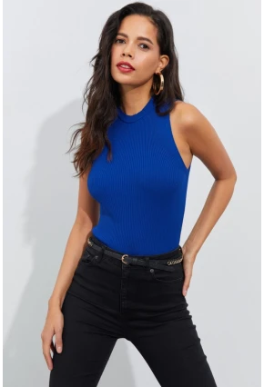 Kadın Saks Bisiklet Yaka Triko Bluz YV91