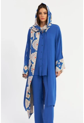 Kadın Saks Desenli Kapüşonlu Kaftan GÇ193