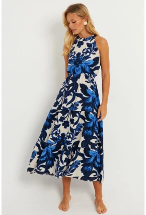 Kadın Saks Desenli Midi Elbise YZ1107