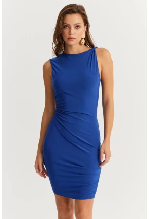 Kadın Saks Drapeli Midi Elbise ELT155