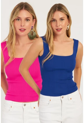 Kadın Saks-Fuşya İkili Kare Yaka Triko Bluz SMT226