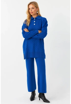 Kadın Saks İnci Düğmeli Triko Alt Üst Takım MNUV33