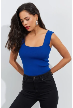 Kadın Saks Kare Yaka Triko Bluz YV87