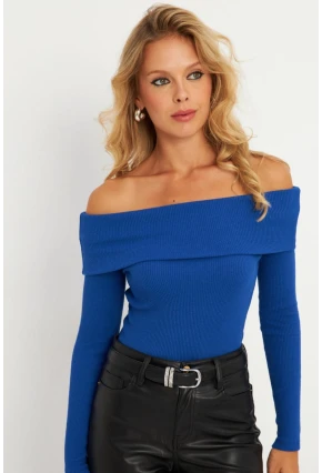 Kadın Saks Madonna Yaka Kaşkorse Bluz XL2210