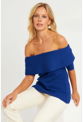 Kadın Saks Madonna Yaka Triko Bluz KZ538