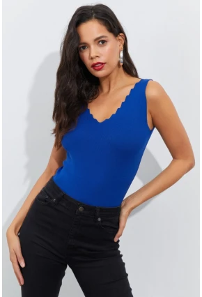 Kadın Saks Merdiven Yaka Triko Bluz YV83