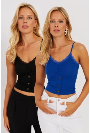 Kadın Saks-Siyah Askılı Dantelli Bluz MK07