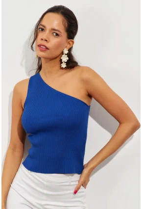 Kadın Saks Tek Omuz Triko Bluz YV90