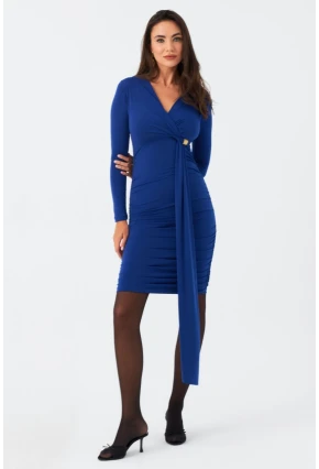 Kadın Saks Toka Detaylı Drapeli Şık Midi Elbise FRY2261