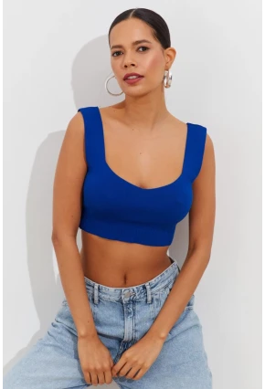 Kadın Saks Triko Crop Atlet YV118