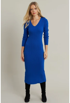 Kadın Saks V Yaka Triko Midi Elbise YİL560